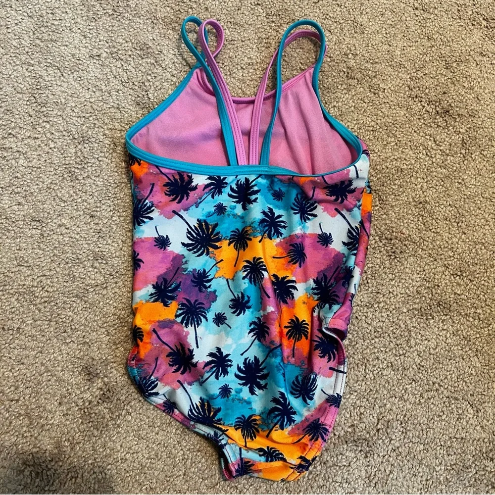 Speedo Girls One Piece Swim‎ Suit Tropical Palm Trees XS Pink Blue Orange